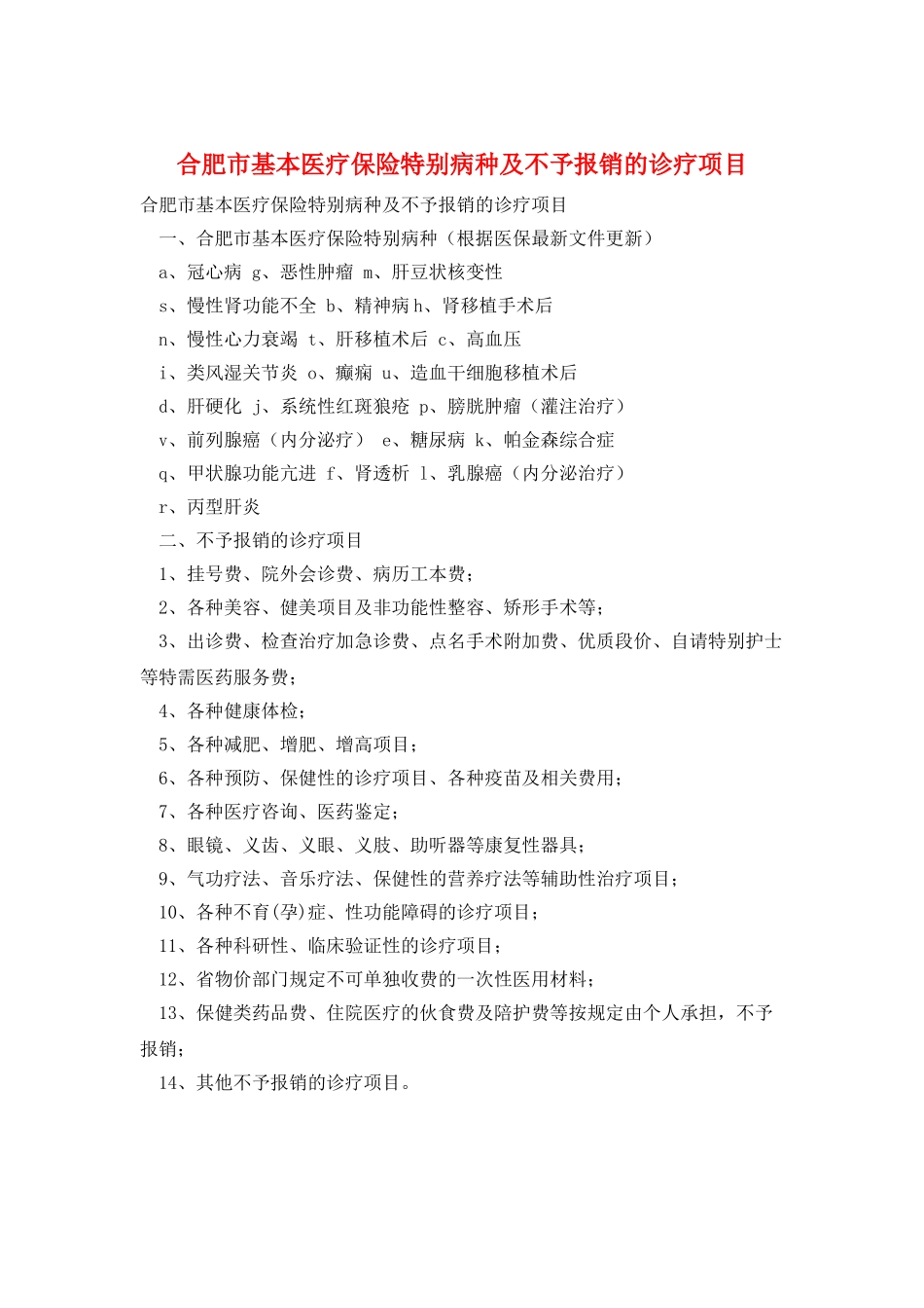 合肥市基本医疗保险特殊病种及不予报销的诊疗项目_第1页