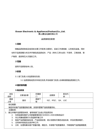 品质部各岗位的职责