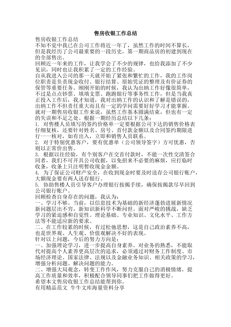 售房收银工作总结-精品范文资料_第1页