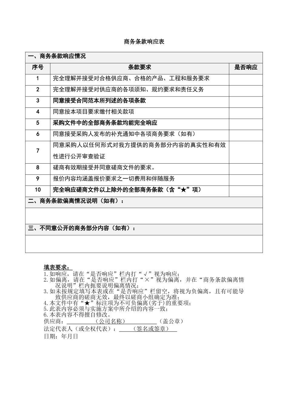 商务条款响应表模板（标准版）_第1页