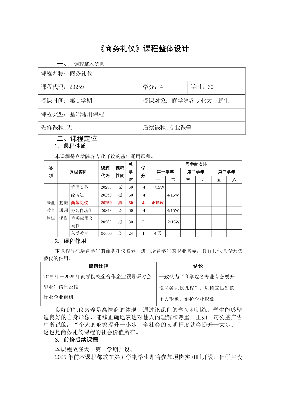 商务礼仪--课程整体设计-授课计划-课程整体设计-教学计划-教学日历_第1页