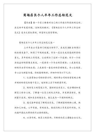 商场店长个人半年工作总结范文
