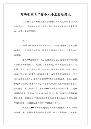 商场营业员工作个人年度总结范文