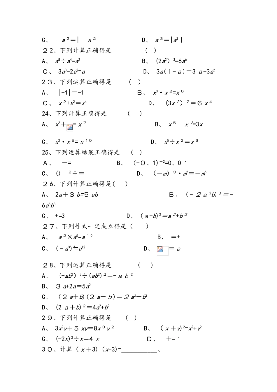 四川绵阳南山双语学校人教版数学中考复习小练习 代数式及整式（含因式分解）_第3页