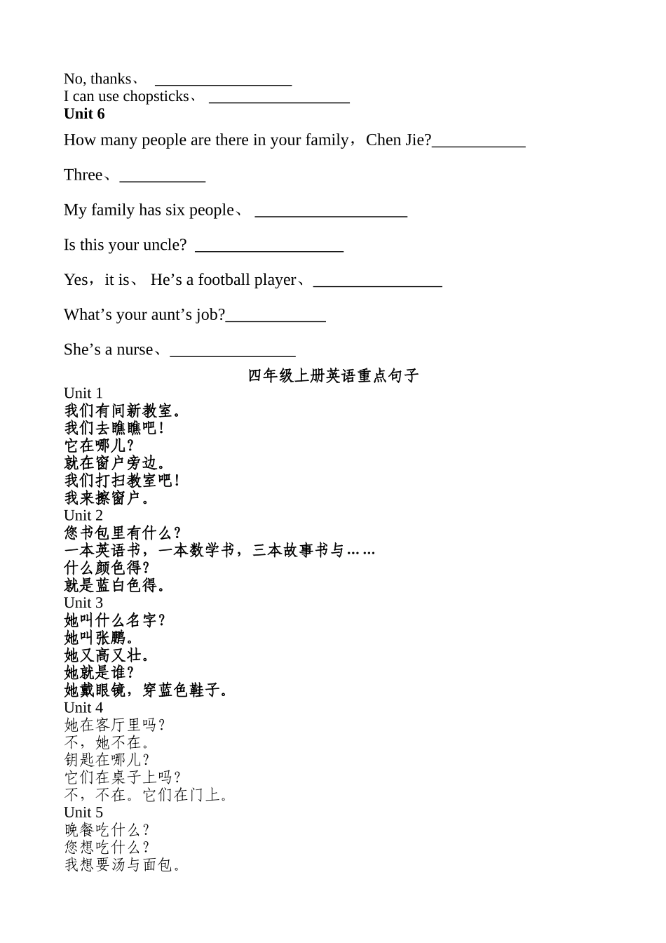 四年级上册1—6单元英语重点句子_第3页