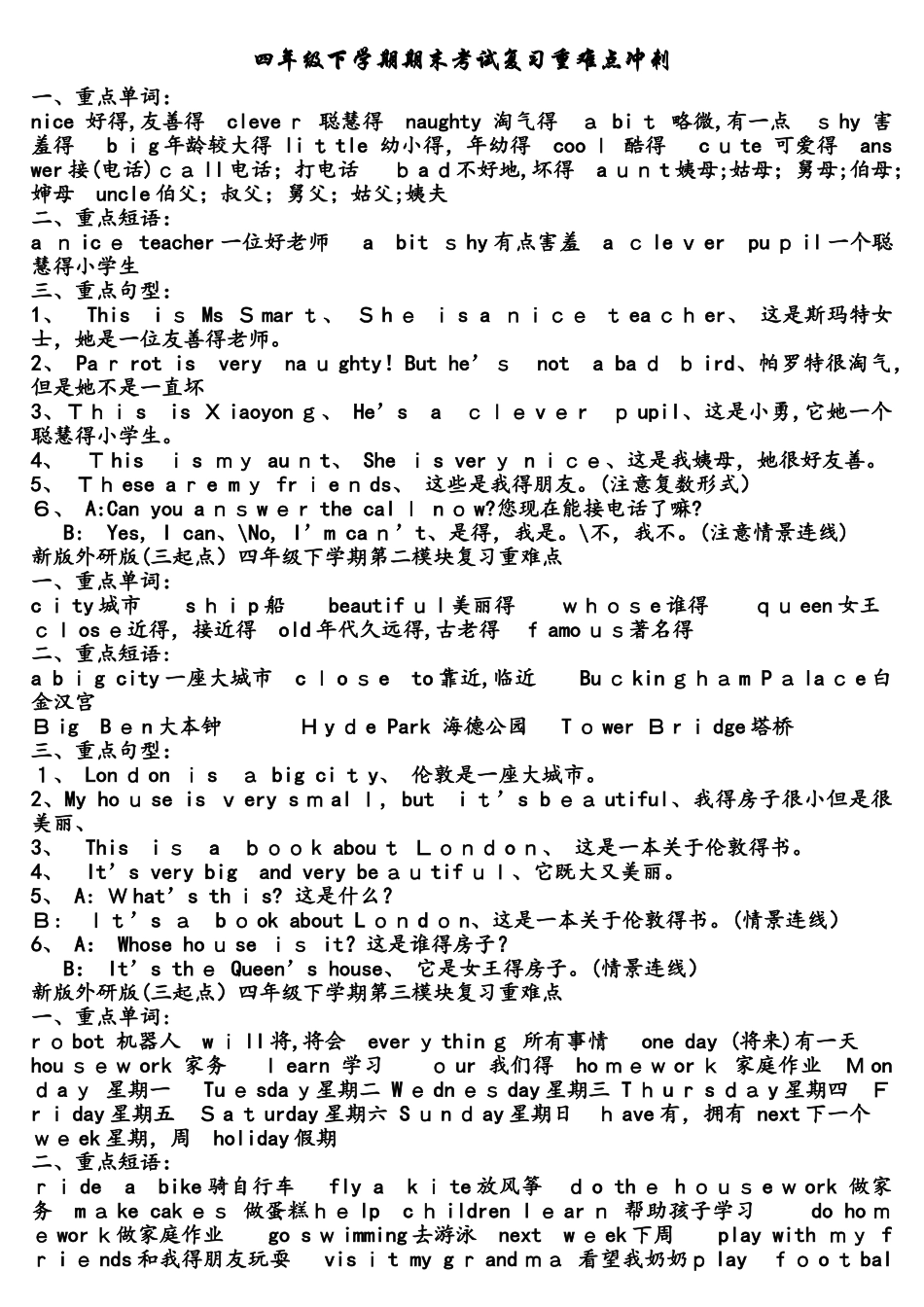 四年级下册英语素材期末复习重点 外研版_第1页