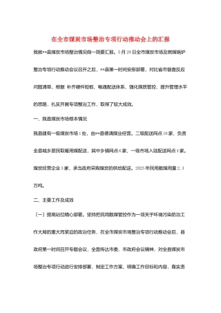 在全市煤炭市场整治专项行动推进会上的汇报