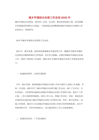 城乡环境综合治理工作总结2025年