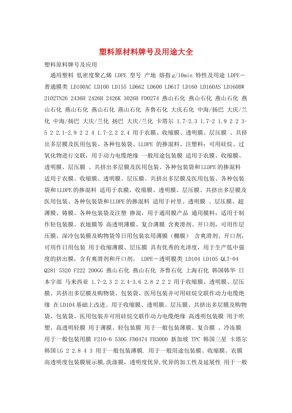 塑料原材料牌号及用途大全_第1页