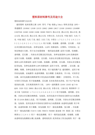 塑料原材料牌号及用途大全