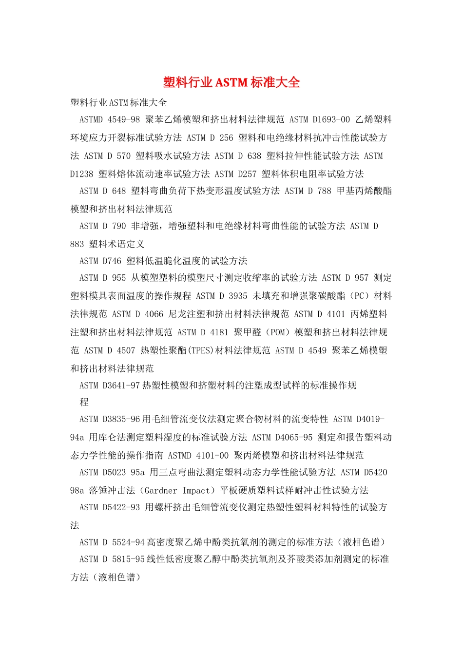 塑料行业ASTM标准大全_第1页
