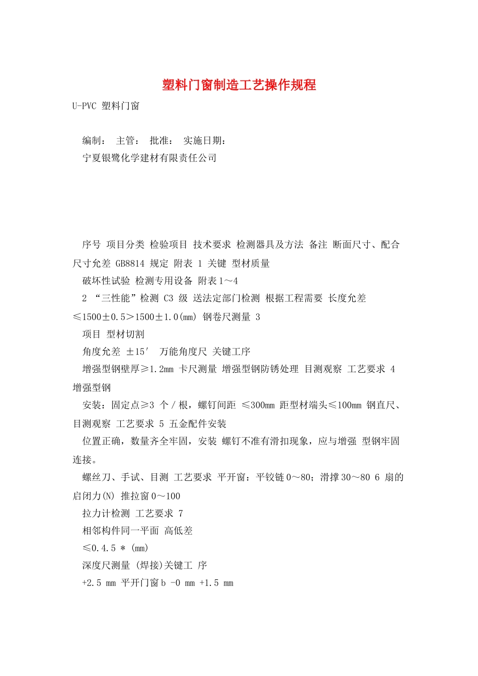 塑料门窗制造工艺操作规程_第1页