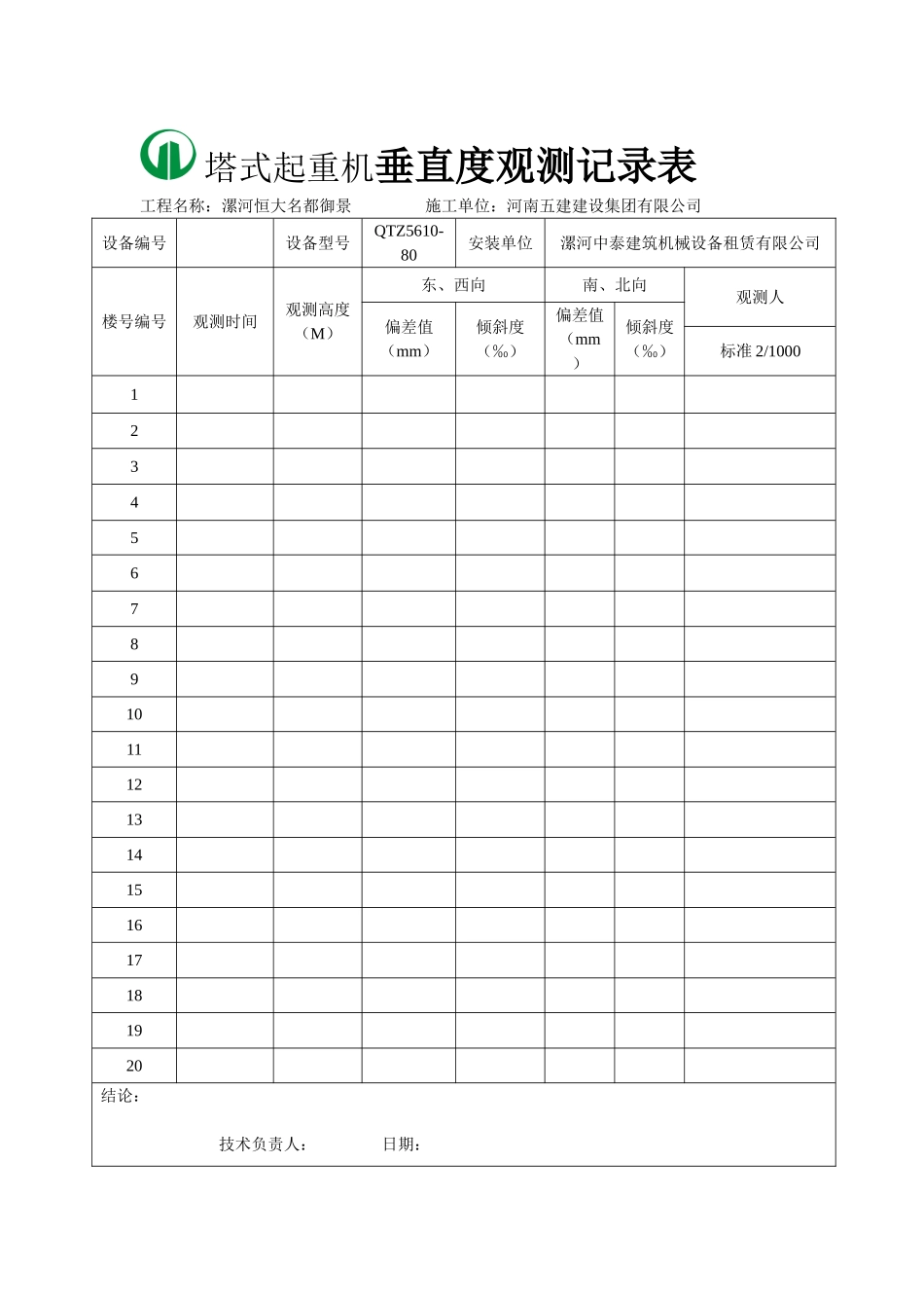 塔吊垂直度观测记录表_第1页