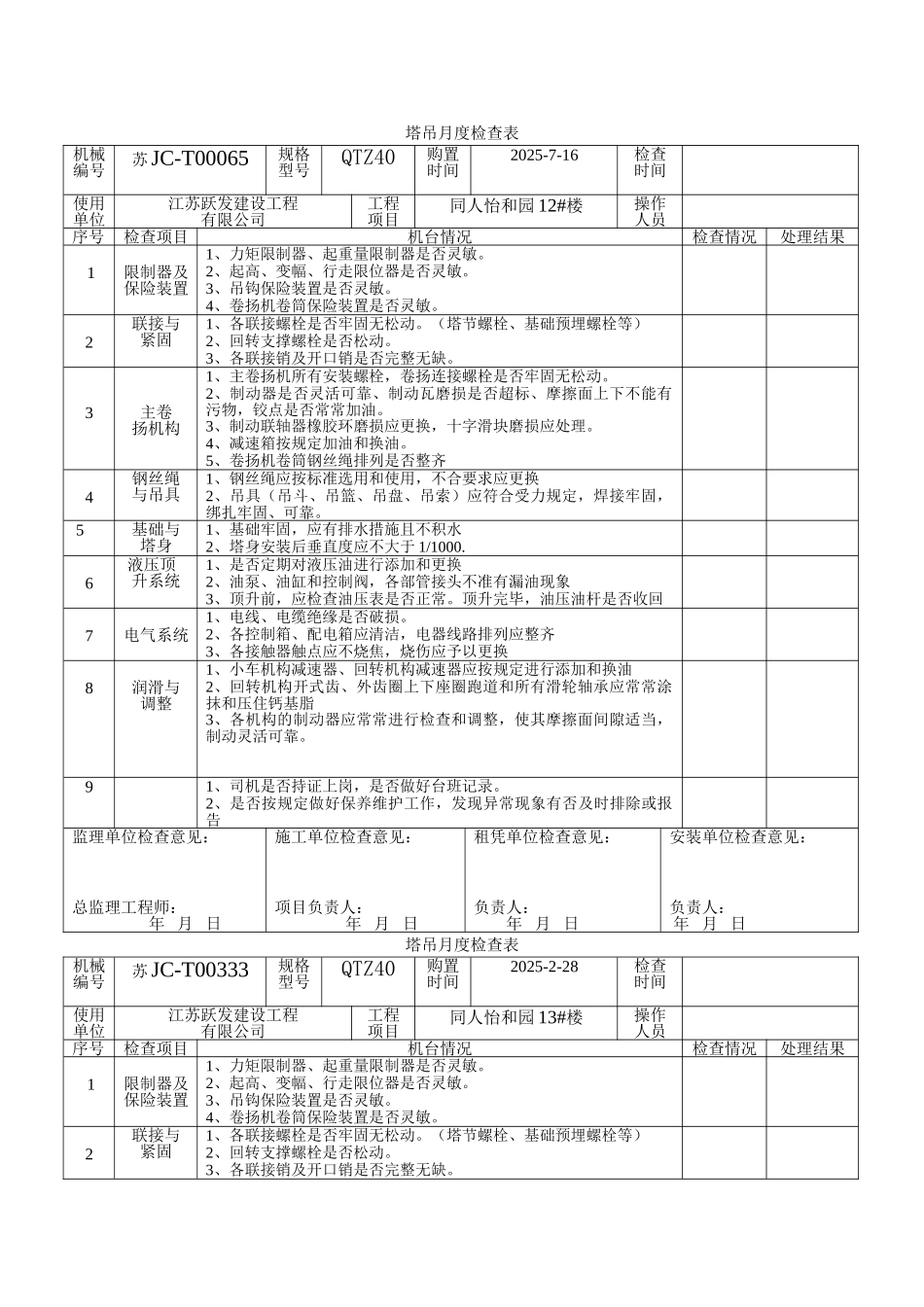 塔吊月度检查表_第1页