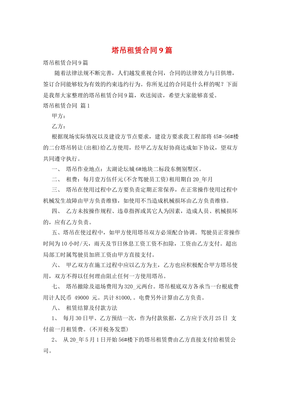 塔吊租赁合同9篇_第1页