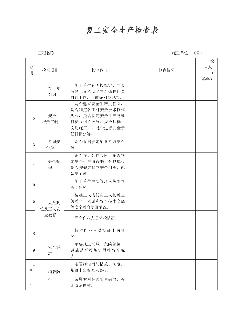 复工安全生产检查表_第1页