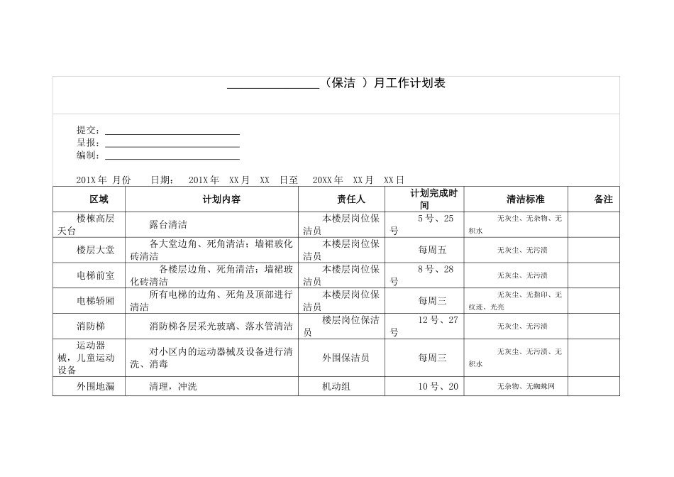 外包保洁月工作计划表_第1页