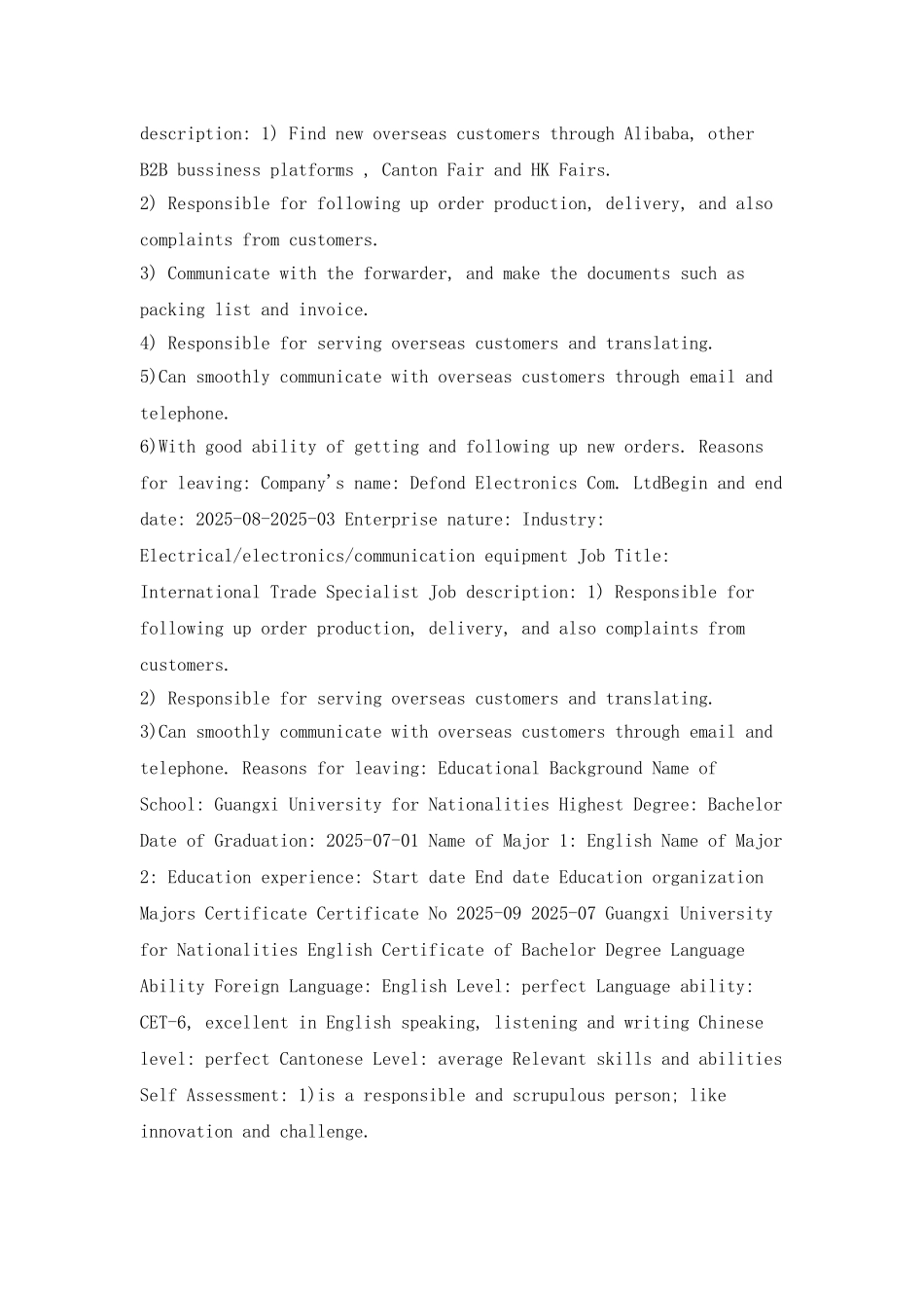 外贸业务跟单员英文简历范文_第2页