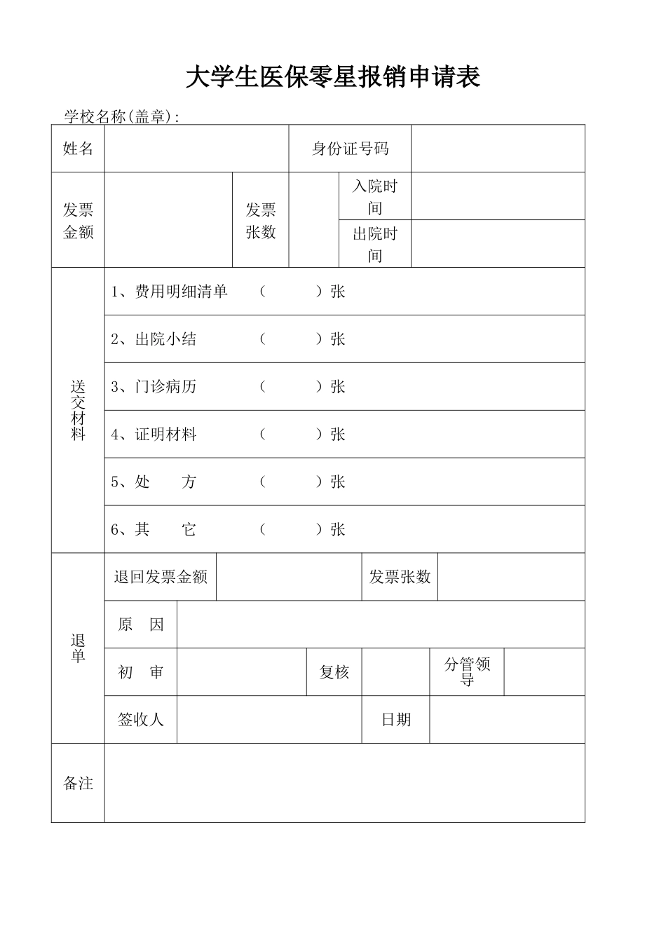 大学生医保零星报销申请表（正式版）_第1页