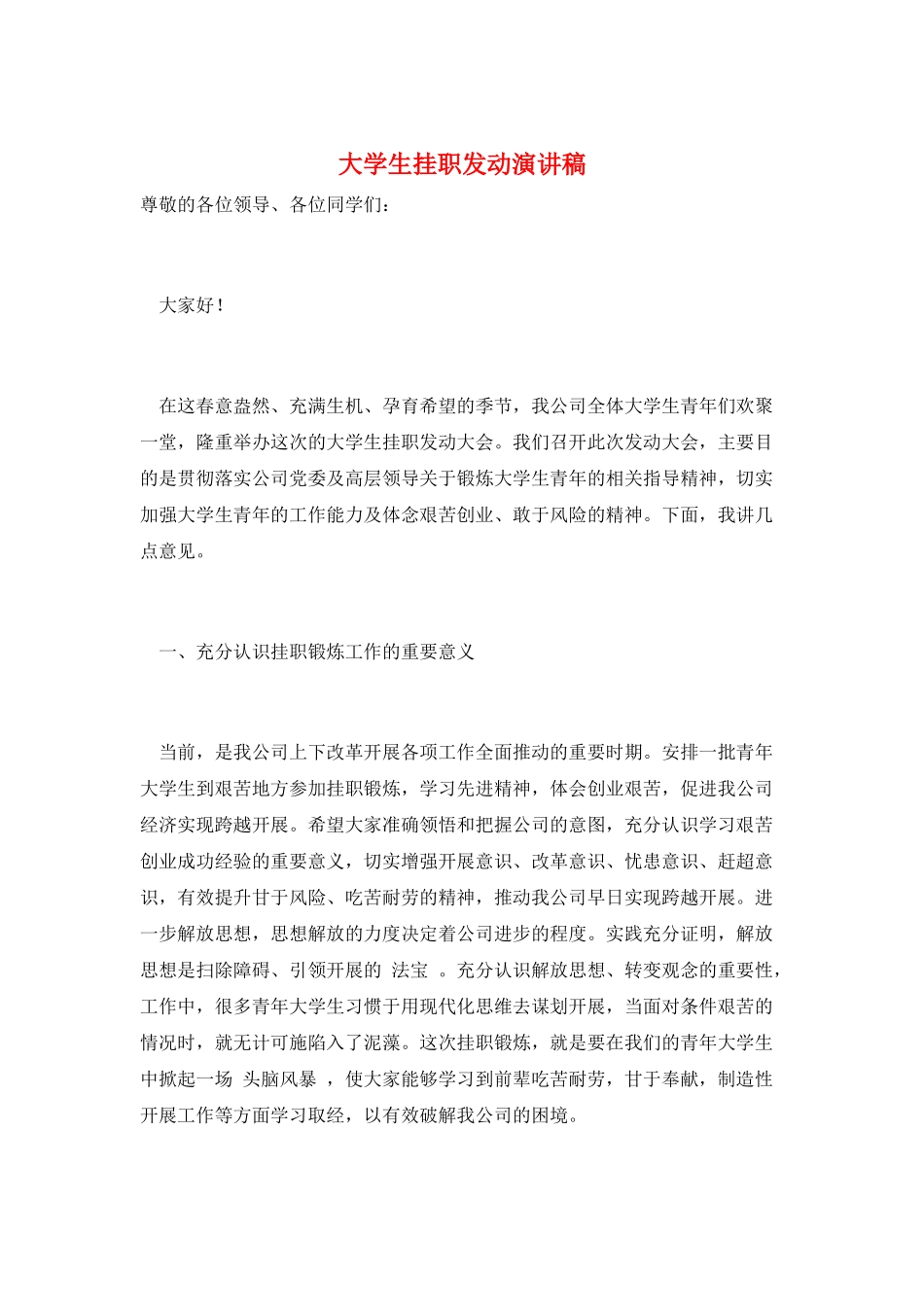 大学生挂职动员演讲稿_第1页