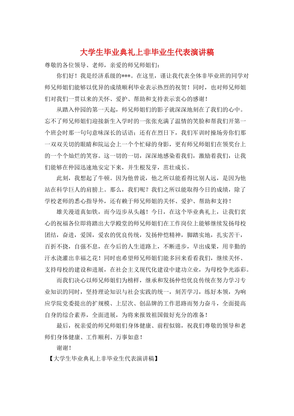大学生毕业典礼上非毕业生代表演讲稿_第1页