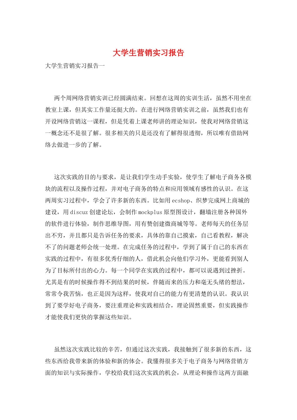 大学生营销实习报告_第1页