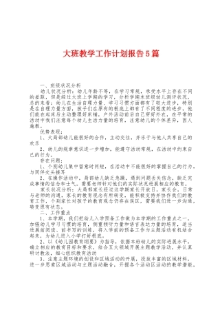 大班教学工作计划报告5篇