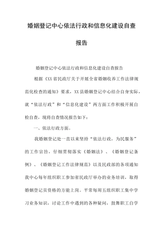 婚姻登记中心依法行政和信息化建设自查报告