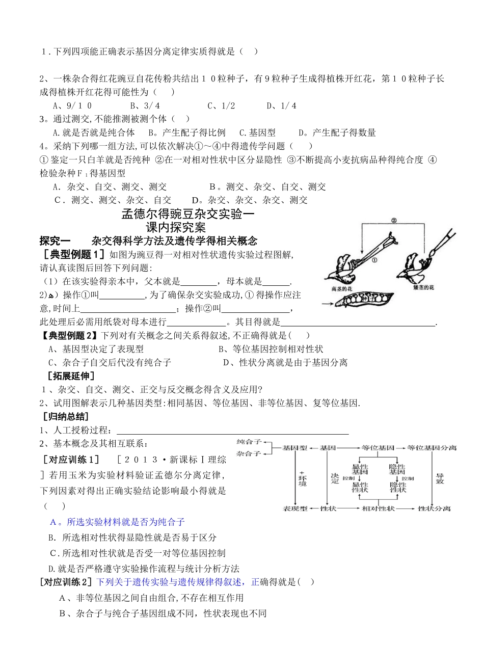 孟德尔的豌豆杂交实验一教学案及答案_第2页