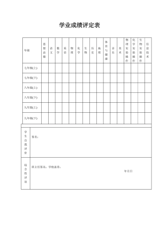 学业成绩评定表模板（标准版）