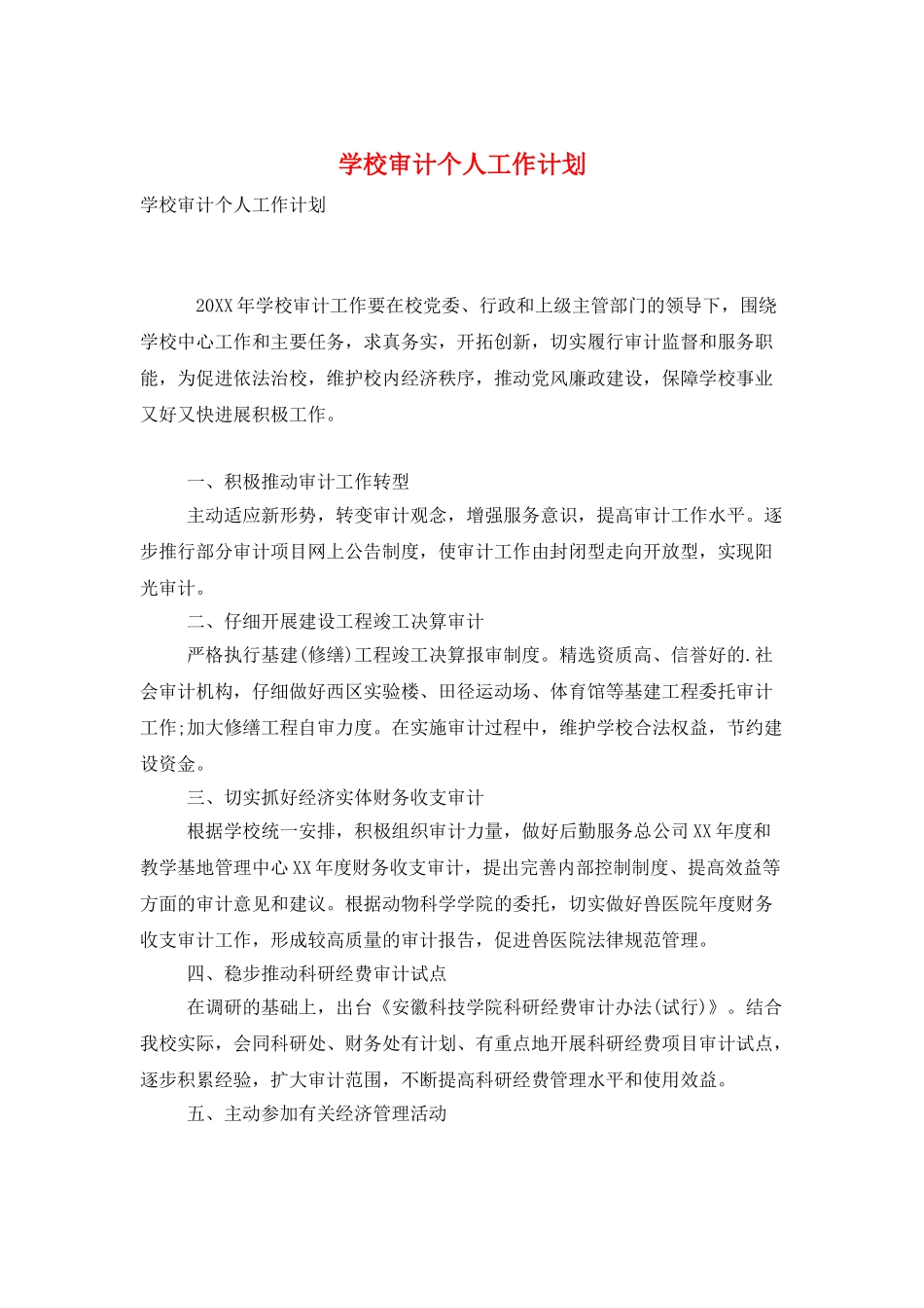 学校审计个人工作计划_第1页
