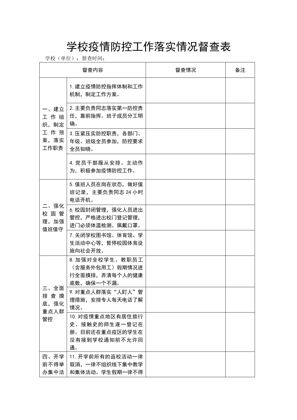 学校疫情防控工作落实情况督查表（标准版）_第1页