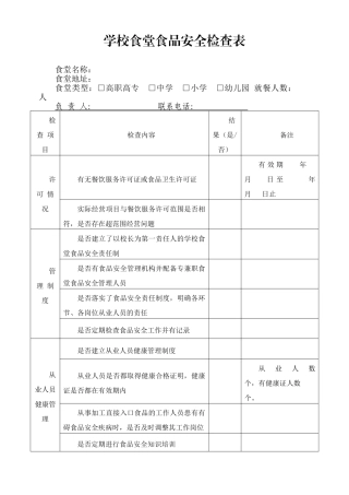 学校食堂食品安全检查表