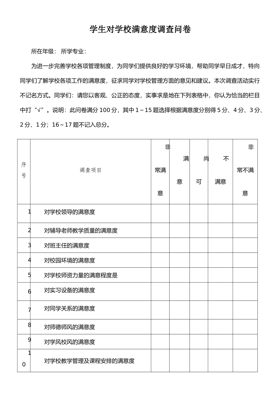 学生对学校教育满意度调查表_第1页