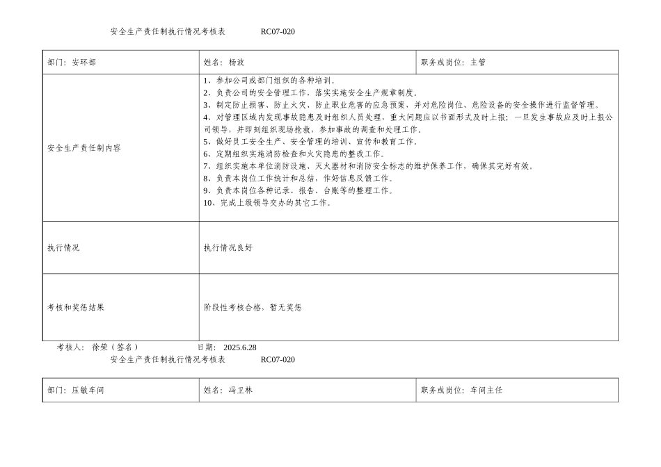 安全生产责任制执行情况考核表_第1页