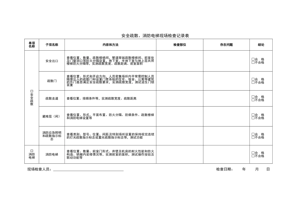 安全疏散、消防电梯现场检查记录表（正式版）_第1页