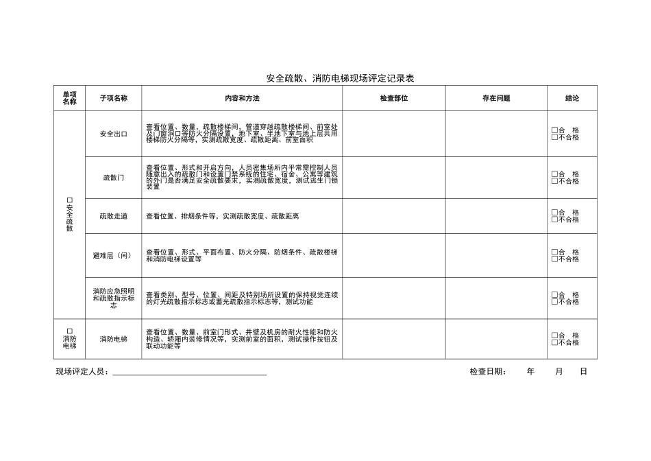 安全疏散、消防电梯现场评定记录表（正式版）_第1页