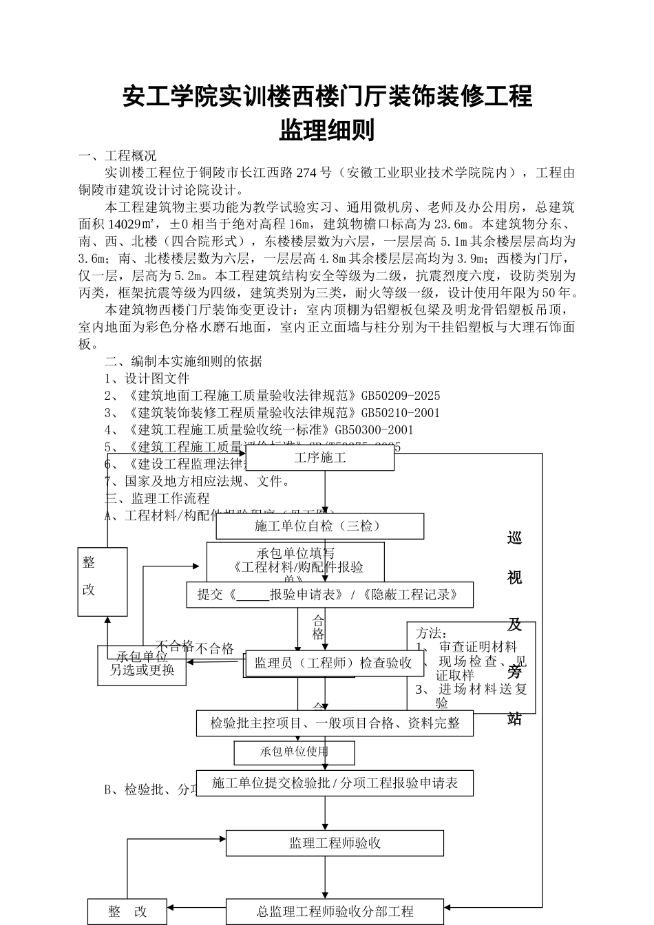 安工学院实训楼西楼门厅装饰装修工程监理细则_第1页