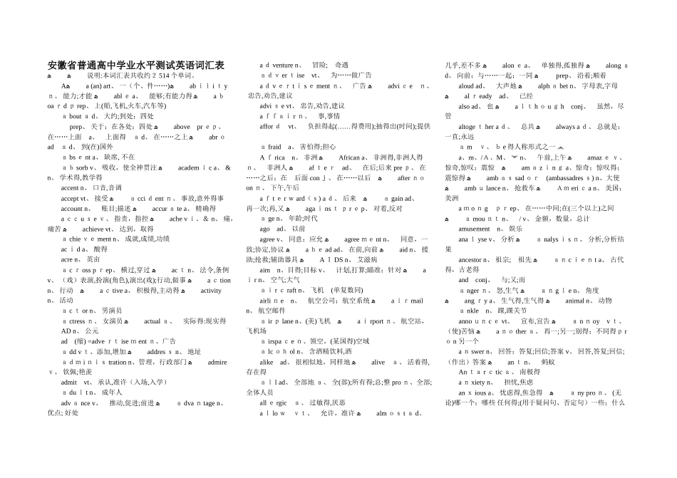 安徽省普通高中学业水平测试英语词汇表_第1页