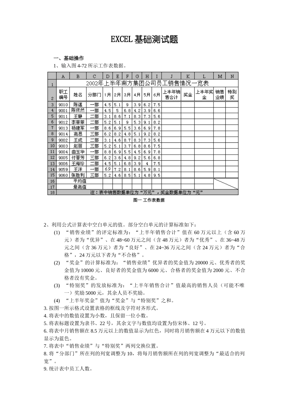 完整word版-EXCEL基础测试题_第1页