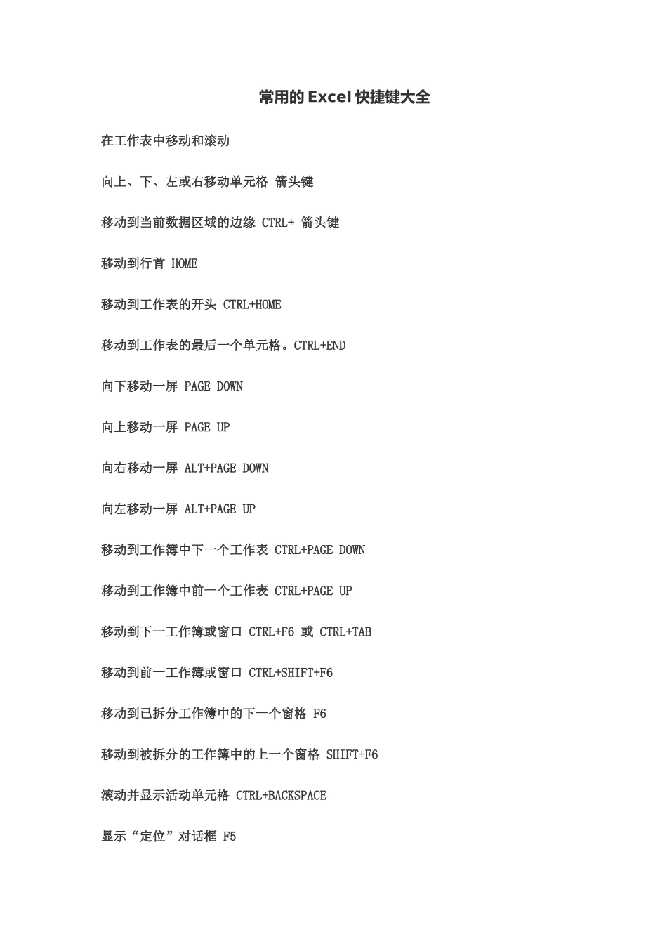 完整word版-常用的Excel快捷键大全-推荐文档_第1页