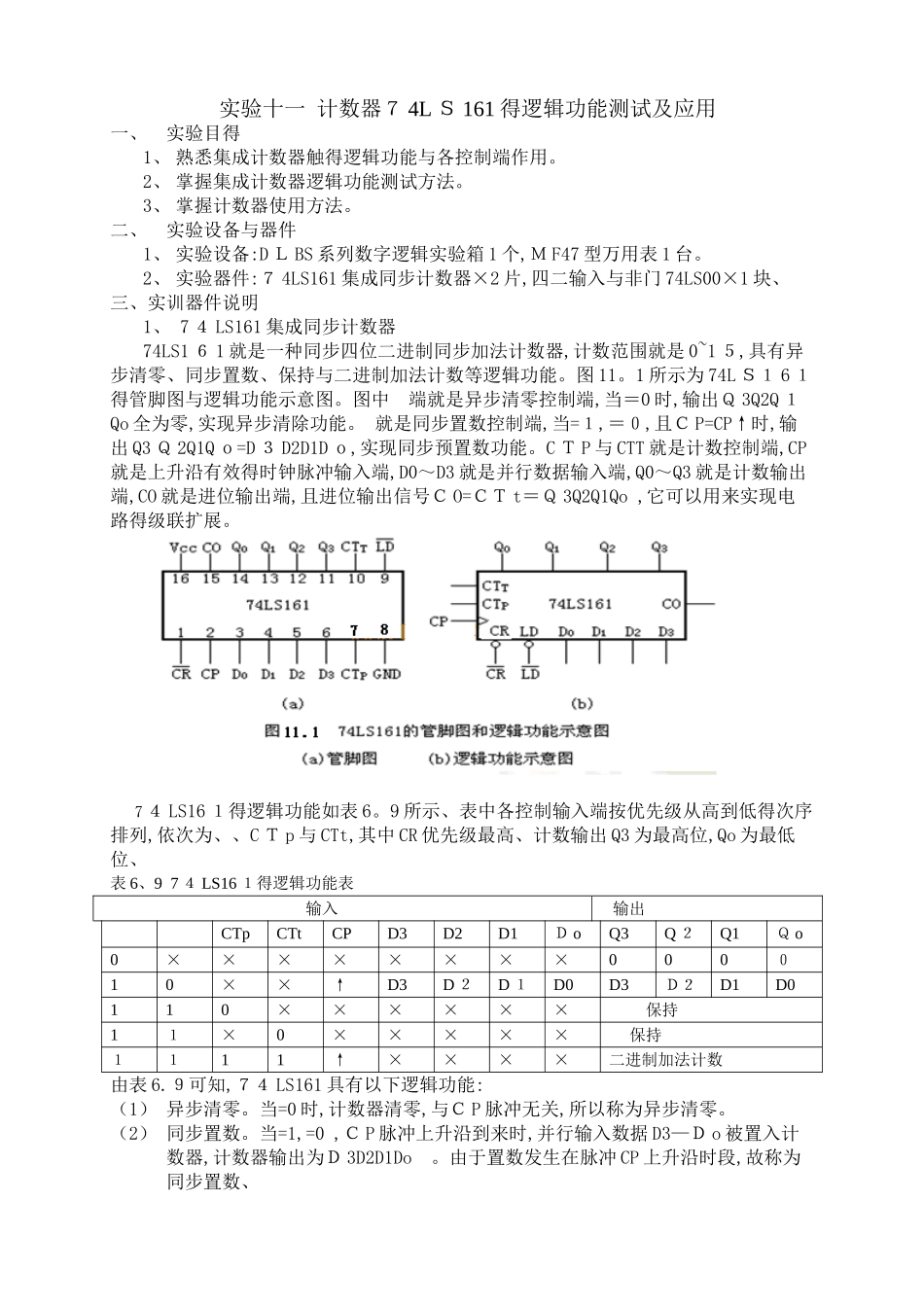 实验十一 同步计数器的逻辑功能测试及应用_第1页