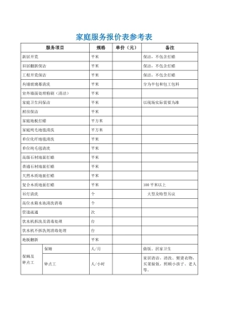 家庭保洁服务报价表模板