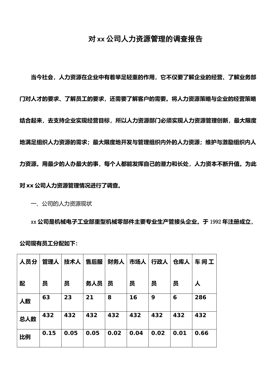 对xx公司人力资源管理情况的调查报告---副本_第1页