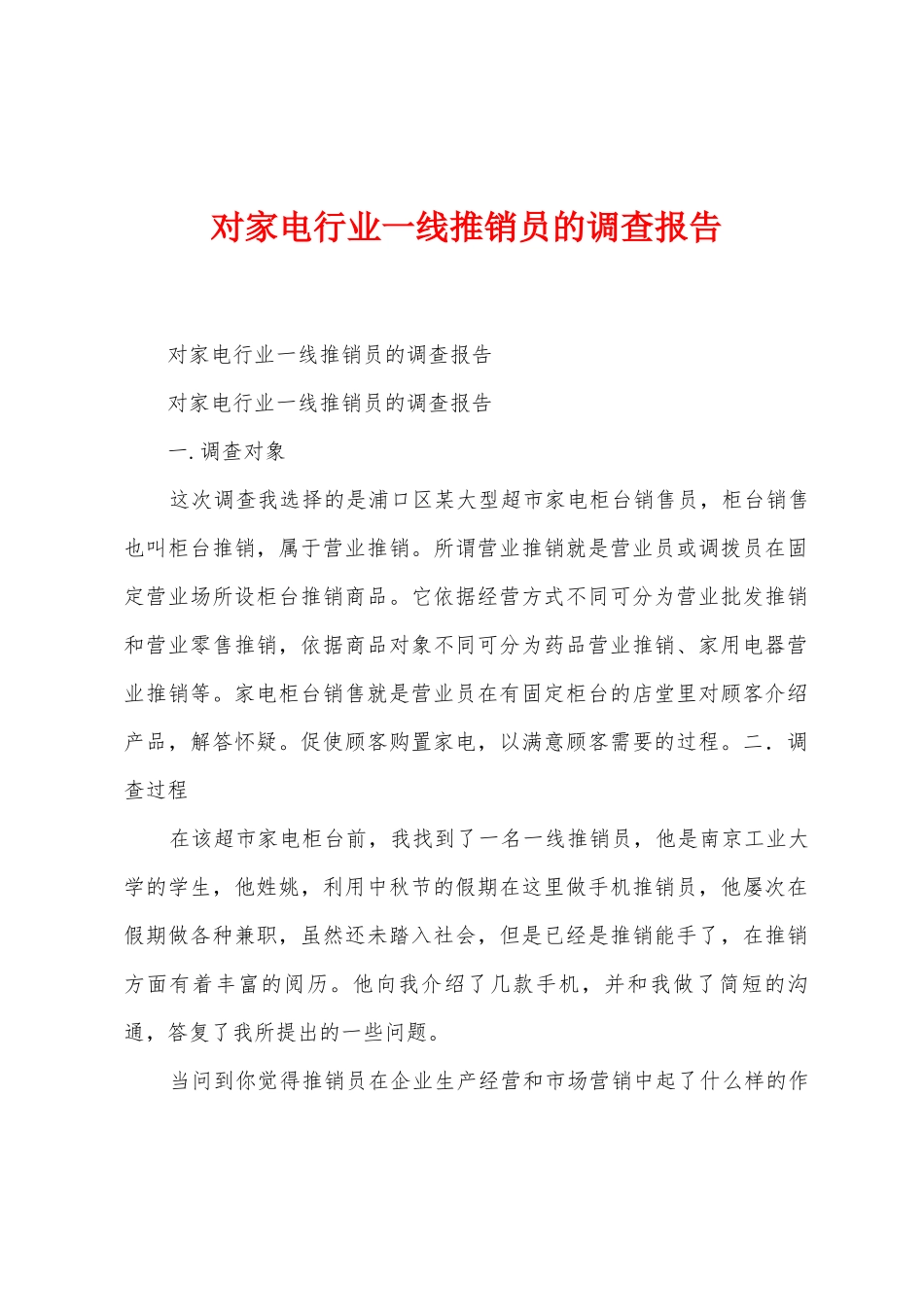 对家电行业一线推销员的调查报告_第1页