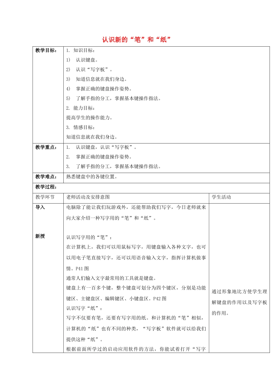小学信息技术第一册-认识新及“笔”和“纸”教案-清华版_第1页