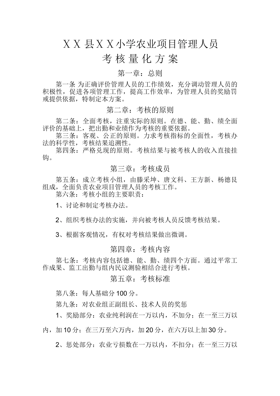 小学农业项目管理人员考核量化方案_第1页