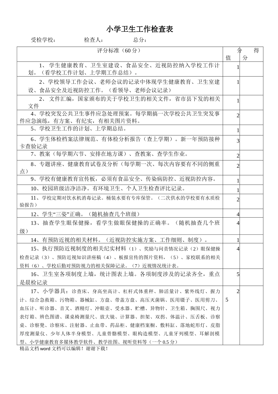 小学学学校卫生工作检查表3_第1页
