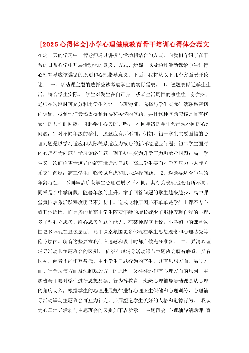 小学心理健康教育骨干培训心得体会范文_第1页