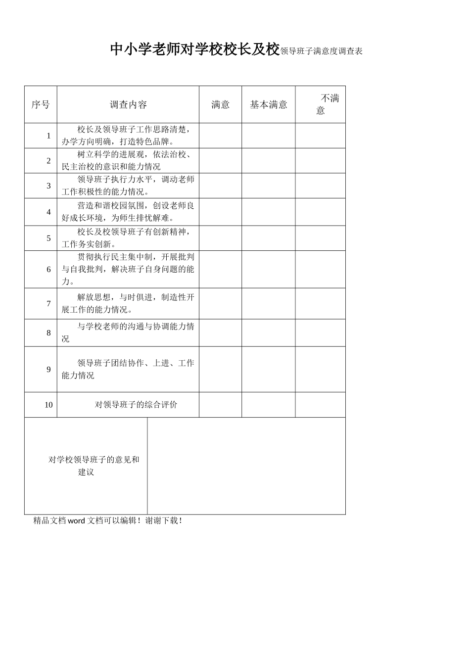 小学教师对领导班子满意度调查表_第1页